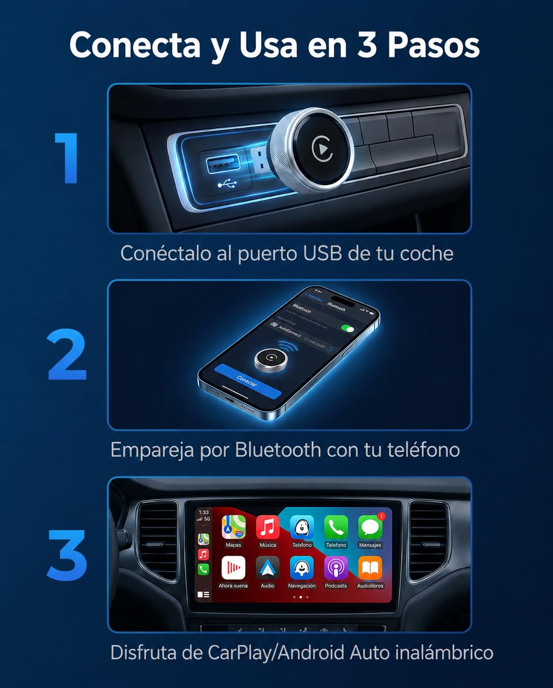 2026 Adaptador CarPlay & Android Auto Inalámbrico, Adaptador 2 en 1 para iPhone y Android, WiFi 2,4/5GHz con Conexión Automática, Plug & Play Estable y Sin Latencia, Diseño Premium de Aluminio