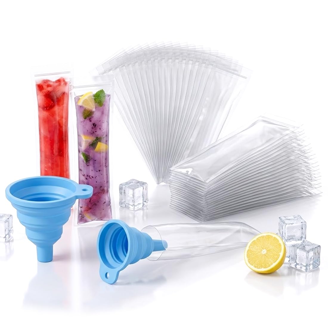 50 Bolsas Reutilizables para Helados Caseros con Embudo, Moldes para Polos de Jugo, Yogur, Smoothies y Helados (5.5x27.5cm)