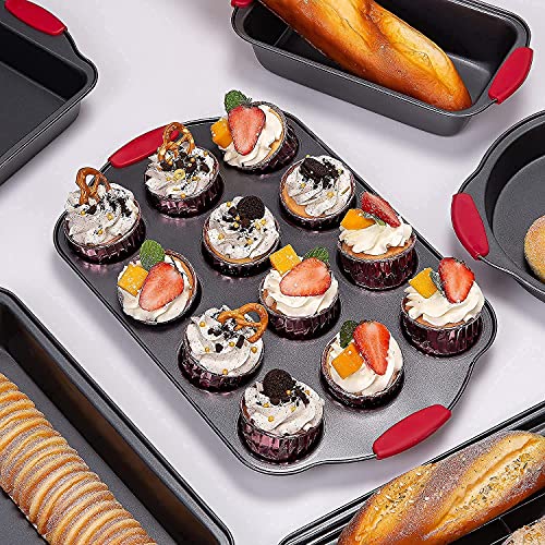 Nuovoo Baking Sheets For Oven, 7 Piece Cake Pans Sets Nonstick For Baking, Carbon Steel Bakeware Sets With Red Silicone Handles, Dark Grey, Baking Supplies For Donut Loaf Cupcake Biscuit Bread #TOP5