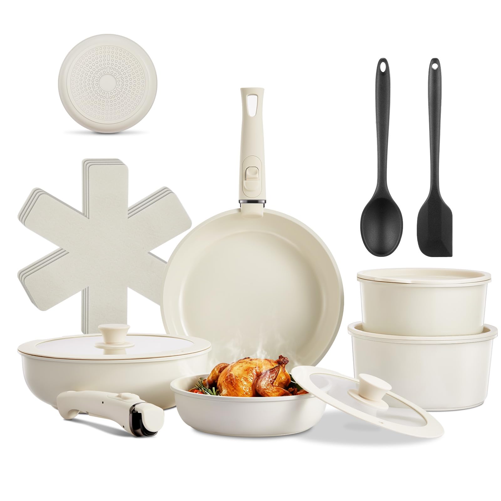 Poele Ceramique, 17 Pièces Batterie de Cuisine avec Fond Céramique et Poignée Amovible – Pour Cuisine Familiale & Camping – Sans PFAS, PFOA, PTFE – Compatible Induction, Four et Lave-Vaisselle