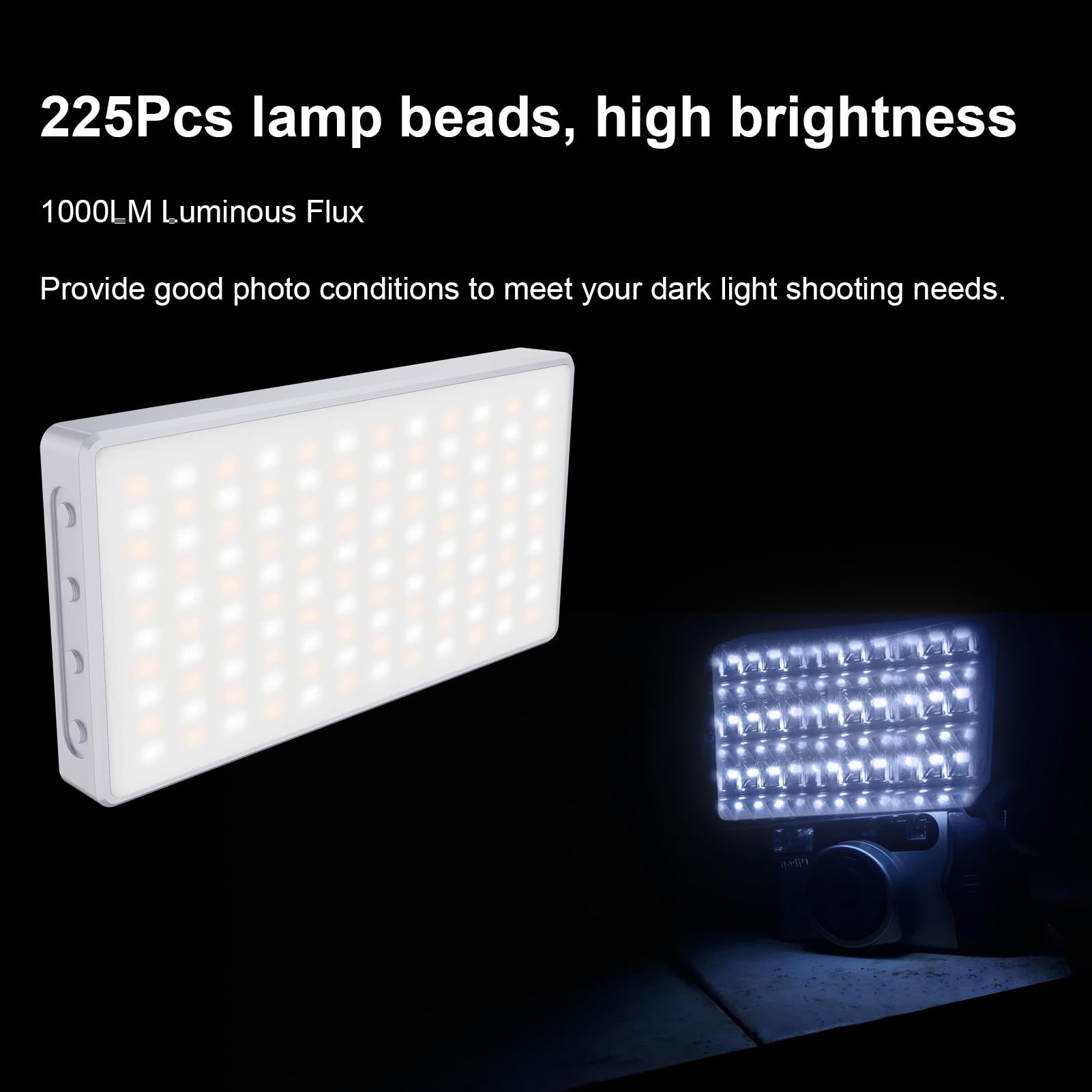 Andoer Luce video a LED RGB, luce per fotocamera, 225 perline LED, luce video, dimmerabile, 2500 K-9900 K, luce di riempimento ricaricabile con supporto per scarpe fredde per smartphone, tablet