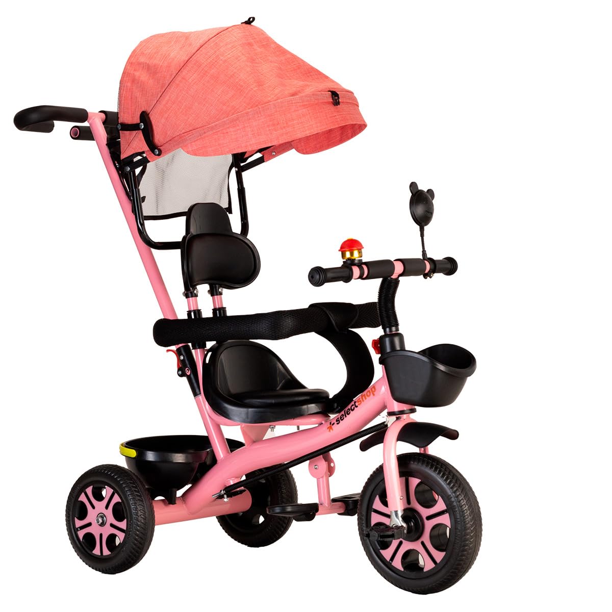 SELECTSHOP Triciclo para Bebe Triciclo Montable De 4 A 10 Años Carriola Montable con Sombrilla para Sol Silla Ajustable Carrito de Paseo Transformable Plegable Triciclo Infantil (Rosa)