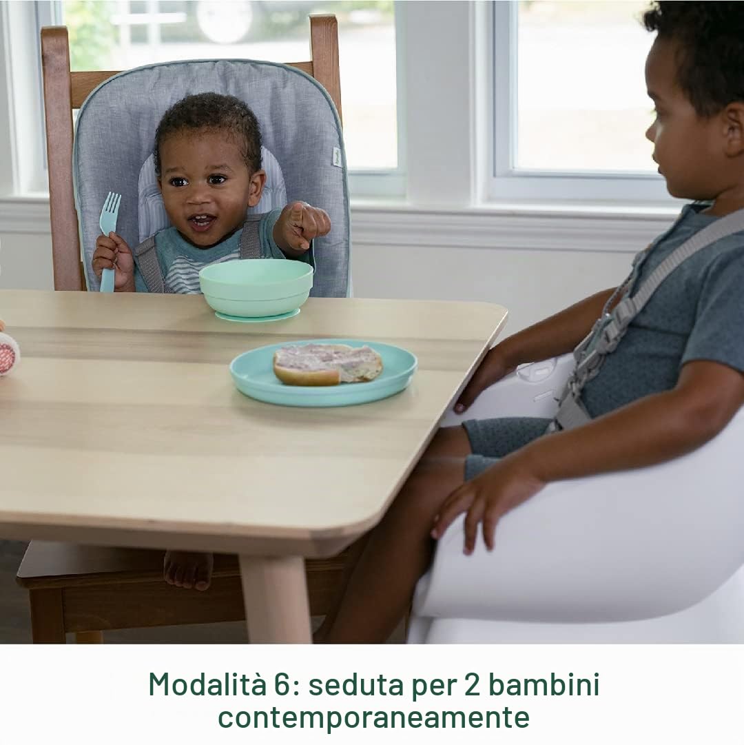 Ingenuity, seggiolone evolutivo Beanstalk 6-in-1, seggiolone alimentazione con vassoio rimovibile e seggiolino di rialzo per bambini con vibrazioni rilassanti e arco di gioco, 0-5 anni, Ray