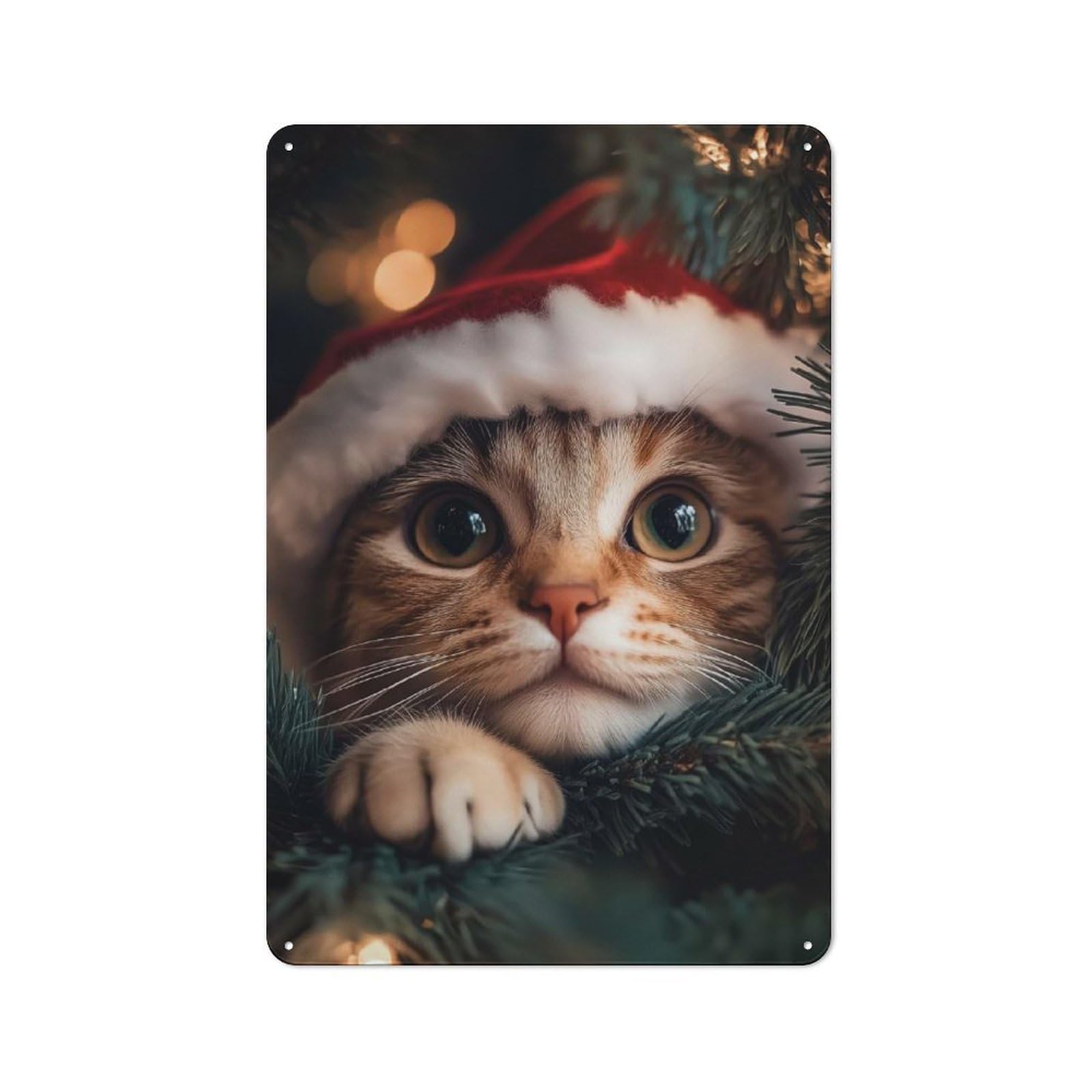 Junmoney Cat In Santa Hat Vintage Metal Wall Sign 30X20cm For Garage Or Workshop, For Metal Sign Collectors, For Garage And Workshop Walls