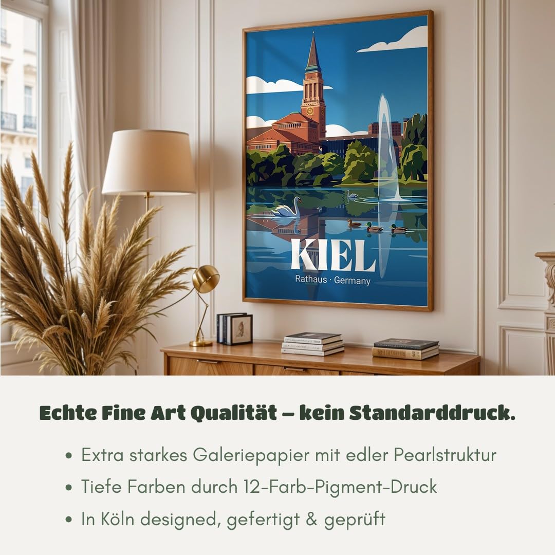 MJ-GRAPHICS® Poster Kiel Rathaus Wandbild Architektur Kunstdruck minimalistisch Blau Beige Wohnzimmer Stadtansicht Deko Büro Bilder urban in Deutschland 50x70 mit weißem Rahmen