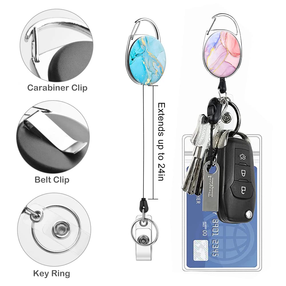Carrete retráctil resistente con mosquetón para cinturón, llavero, bonito soporte para insignia, carretes de identificación para trabajadores de oficina, médicos, enfermeras, paquete de 3 (mármol)