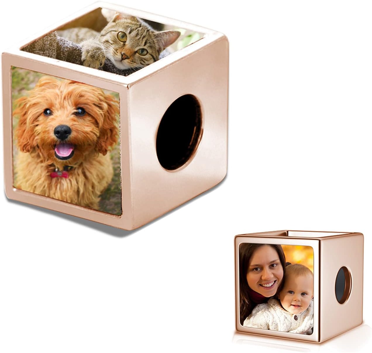 LONAGO Personalized Four-Sided Three-Sided Two-Sided Photo Charm 925 Sterling Silver Customized Bead Holds 2/3/4 Images Pictures Fit Snake Bracelet for Women