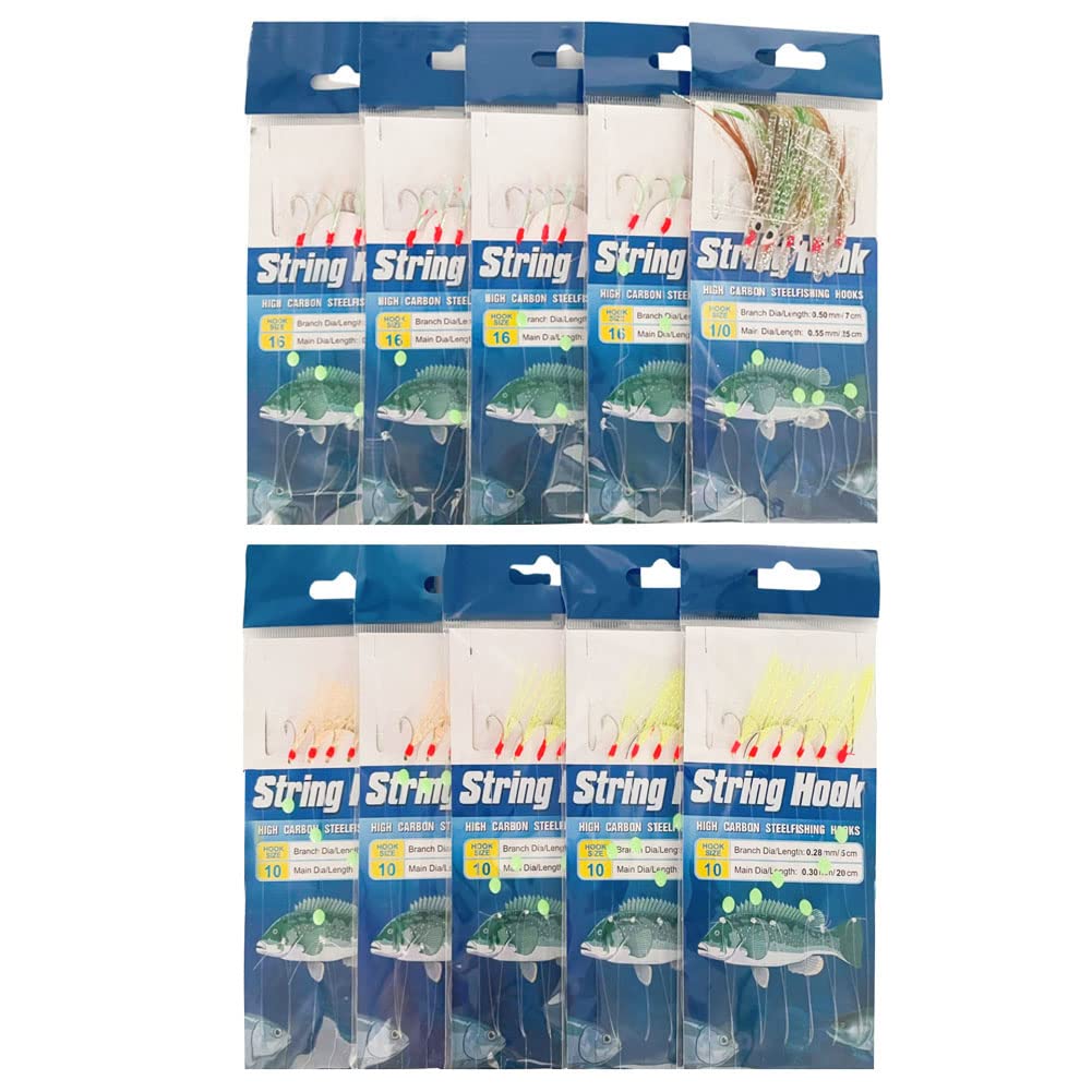 FedMois Lot De 10 Sabiki – Leurres Pêche En Mer – Assortis Crevettes, Plumes, Peau De Poisson – Maquereau & Poissons Prédateurs
