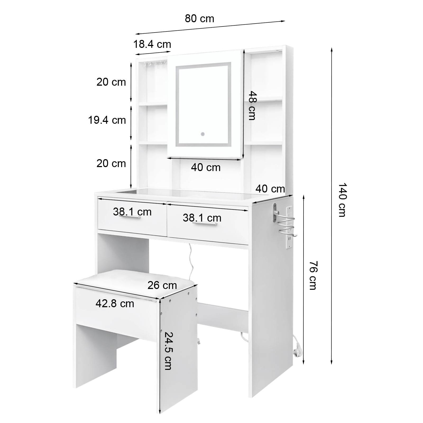 LEADZM Schminktisch mit Beleuchtung, Spiegel & Hocker (Weiß, 80x40x140 cm) | 3-Farben Licht, Glastisch mit Steckdose/Haartrocknerhalterung, 2 Schubladen & 6 Ablagen, Modernes Design