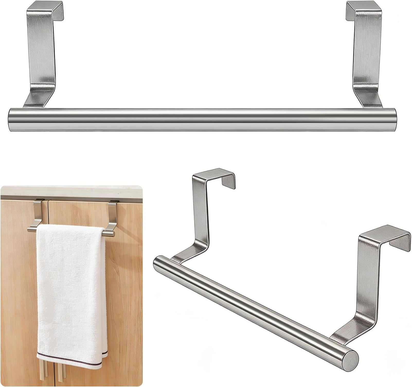 2 Pack Over Cabinet Door Towel Rack Bar, Stainless Steel Kitchen Cupboard Hand Towel Holder, Hanging Organizer for Bathroom & RV, Fits Doors up to 0.8 Inch Thick(Silver)