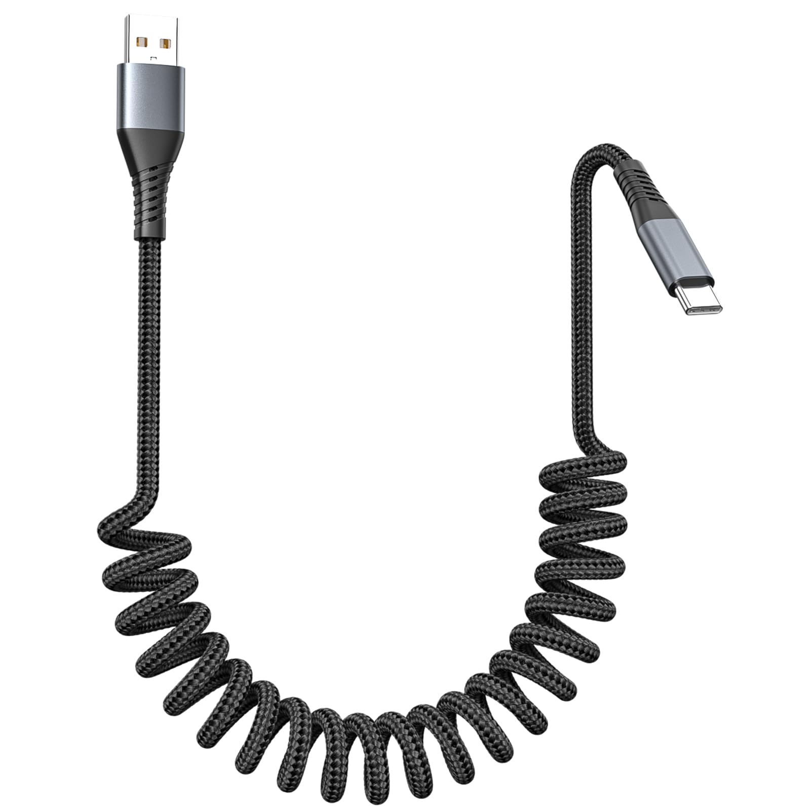 FOXSEA Coiled USB C Cable for iPhone 17/16/15 All Series, USB A to Type-C Charger Flexible 1-3FT Length & Braided iPhone Fast Charging Cord for iPad