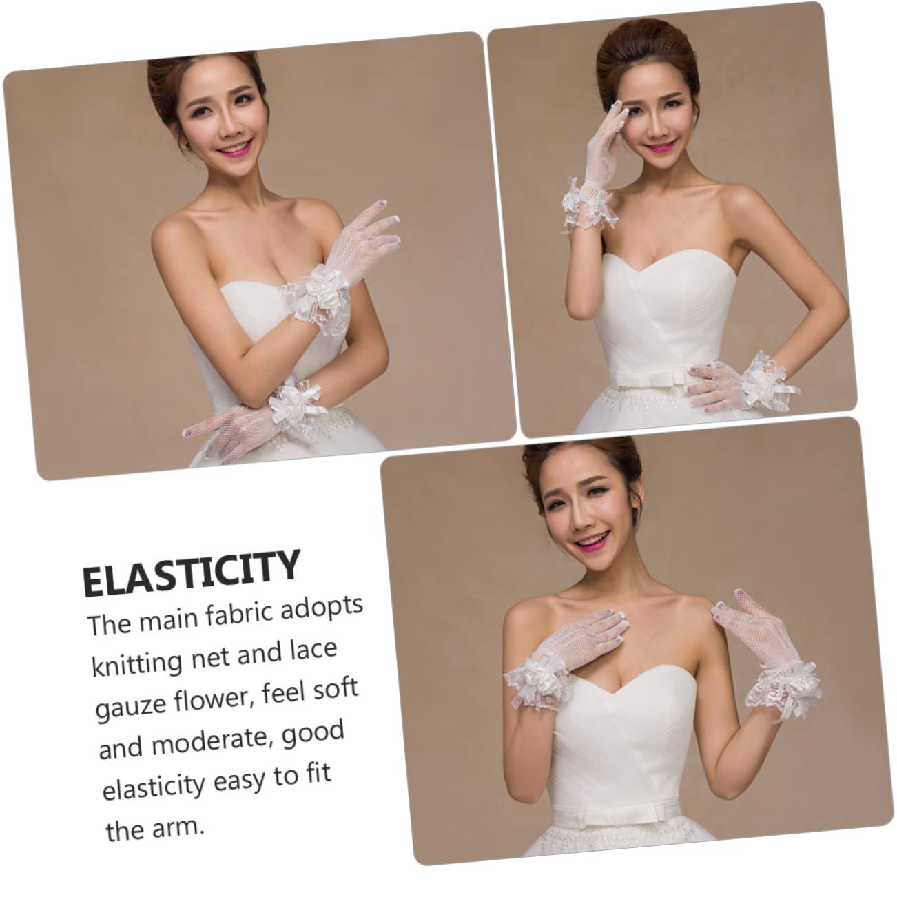 Guantes de Boda de Malla Elástica Flores, Guantes de Novia Sencillos para Eventos Formales