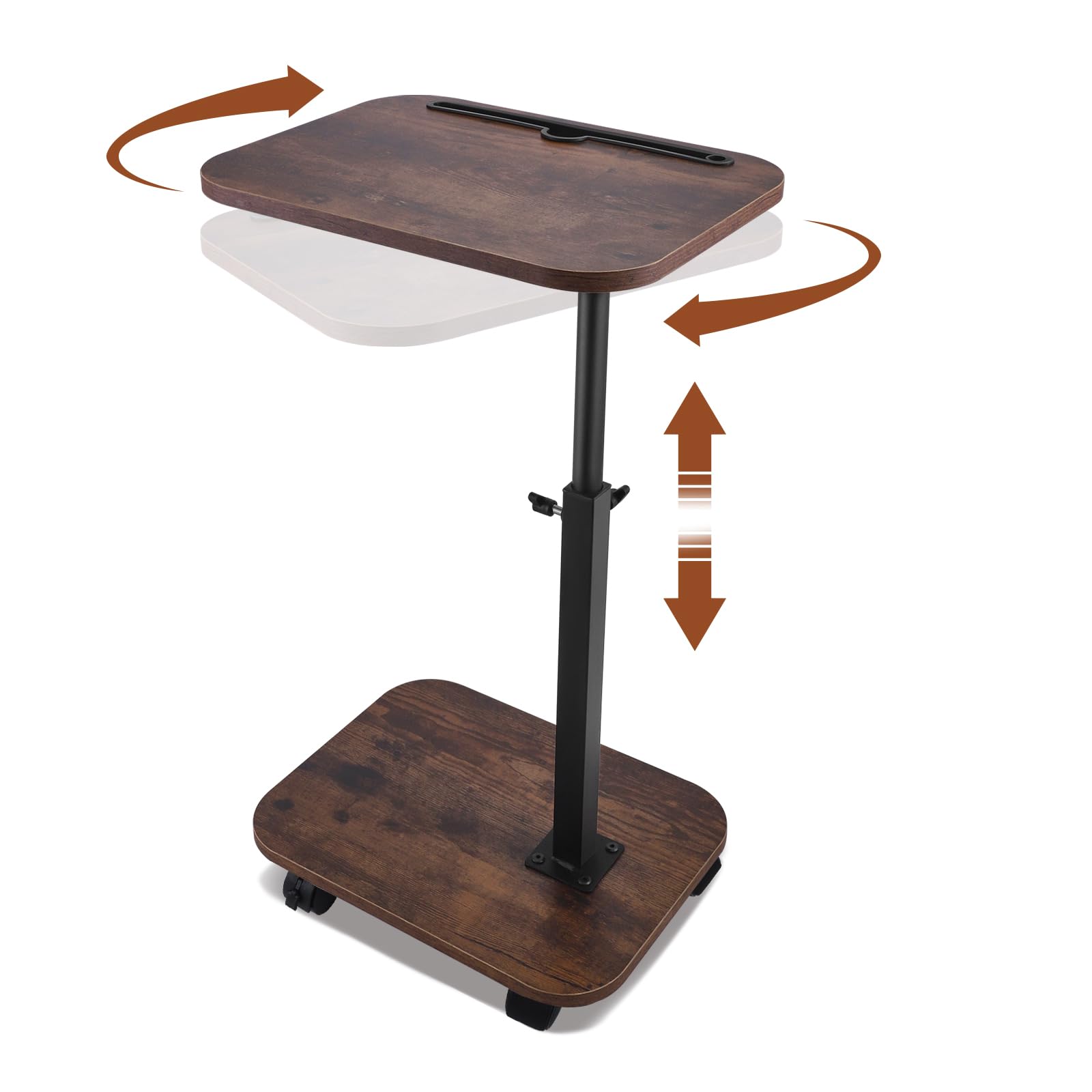 Tavolo a C con altezza regolabile con piatto girevole a 360° e 4 ruote, tavolo girevole per divano, letto e piccoli spazi - Tavolo ausiliare mobile con freni di stazionamento (noce)
