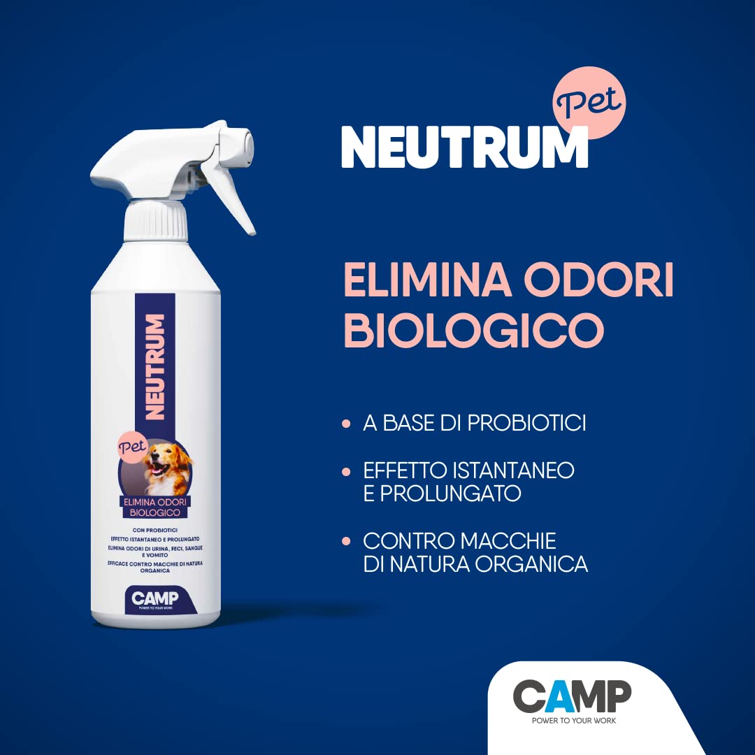 CAMP Neutrum Pet, KIT completo per animali domestici: Elimina odori (500 ml), Rimuovi urine in schiuma tascabile (200 ml) e Elimina odori igienizzante spray (300 ml).