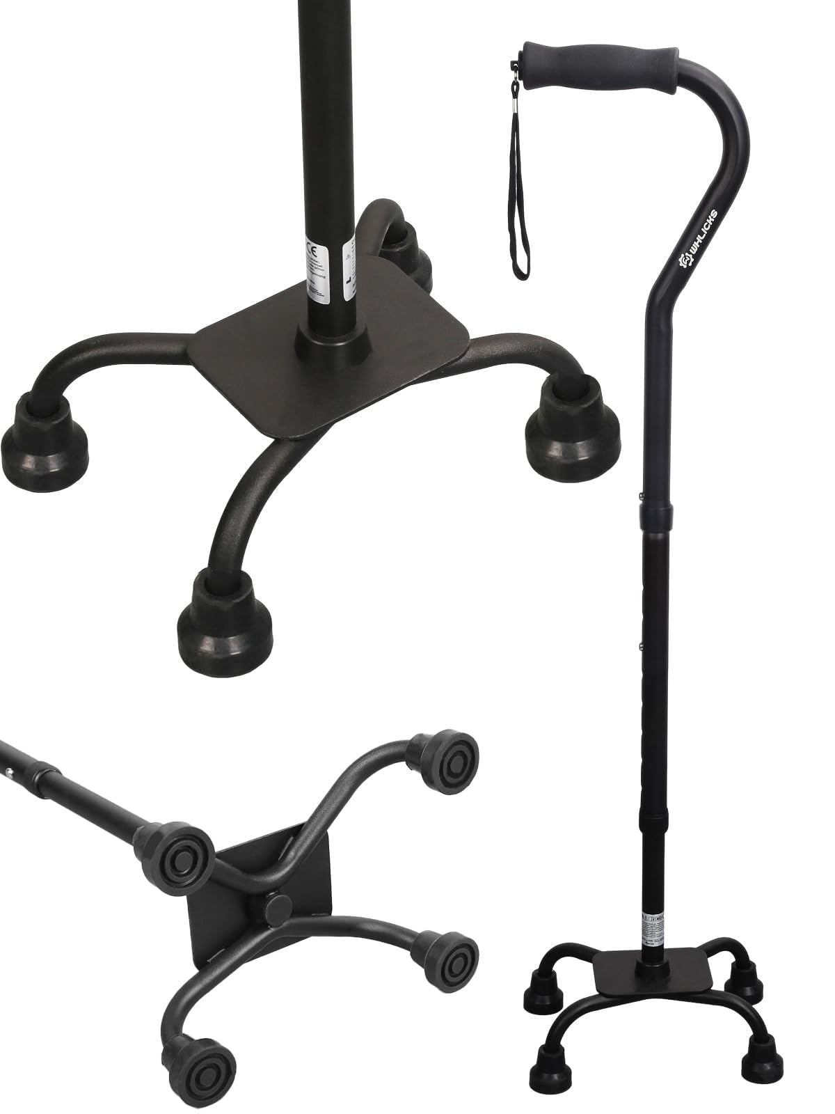 WHLICKS Quad Cane for Stability, Adjustable Walking Cane for Women &amp; Men with A Large 4 Pronged Base for Balance, Self Standing Cane, 350lbs Heavy Duty Cane with 4 Legs, Walking Sticks for Seniors
