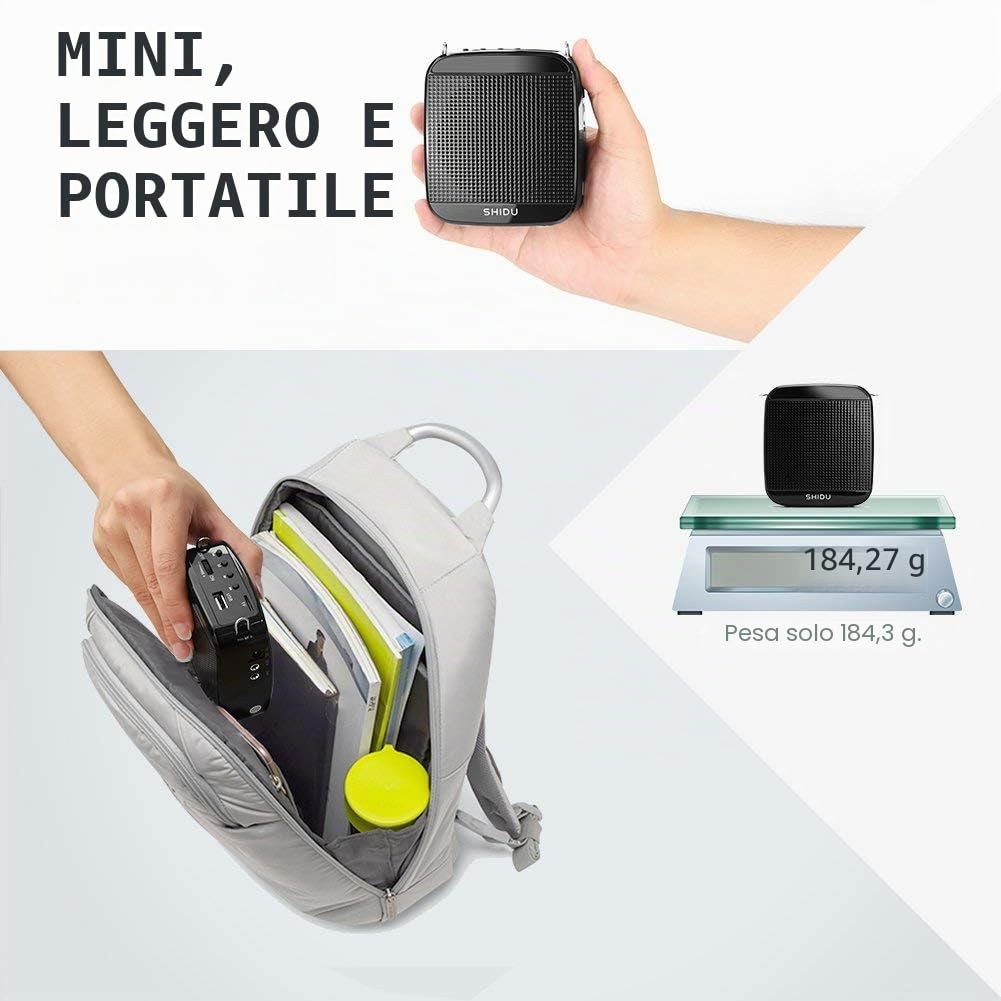 Amplificatore vocale portatile 15W, SHIDU Amplificatore vocale Mini con cuffia microfono cablata Ricaricabile Microfono e sistema altoparlante PA per insegnanti, Canto, Aula, Guida turistica, Yoga