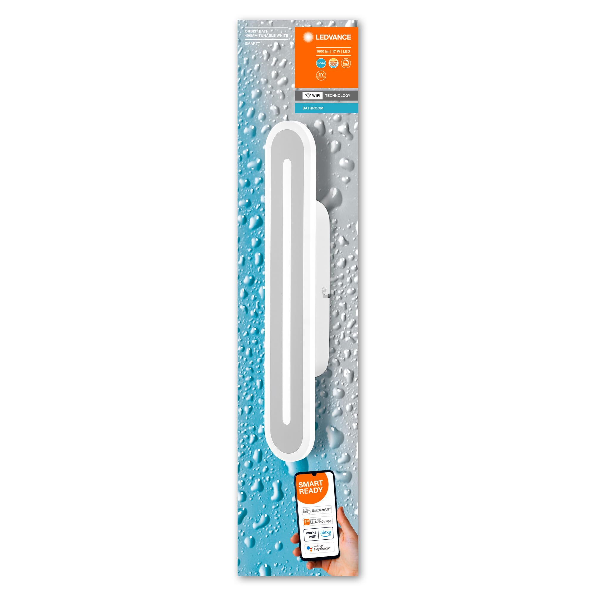 LEDVANCE Smart LED bathroom light white, 1600LM, 3000-6500K, 400mm x 70mm, IP44, Orbis Bath wall light, luz de baño con tecnología wifi, regulable, controlable mediante app y asistente de voz