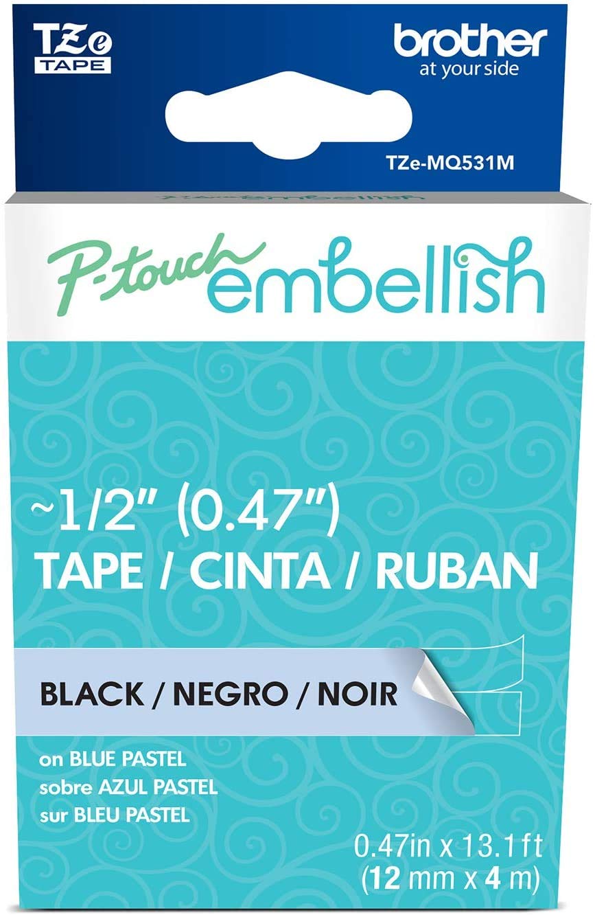 Brother P-Touch Embellish Black Print on Pastel Blue Tape TZEMQ531M – ~½” Wide x 13.1’ Long for use with P-Touch Embellish Ribbon &amp; Tape Printer
