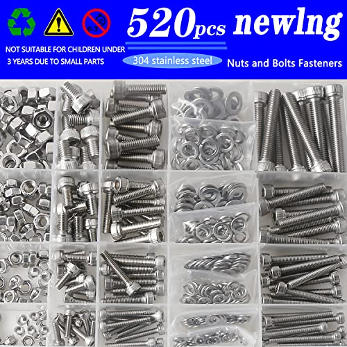 Image of newlng Screws and Nuts M3 M4 M5 M6 Bolts and Nuts kit 520pcs 304 Stainless Steel Metric Hex Socket Head Cap Machine Screws Flat Washers Spring Washers Assortment Kit