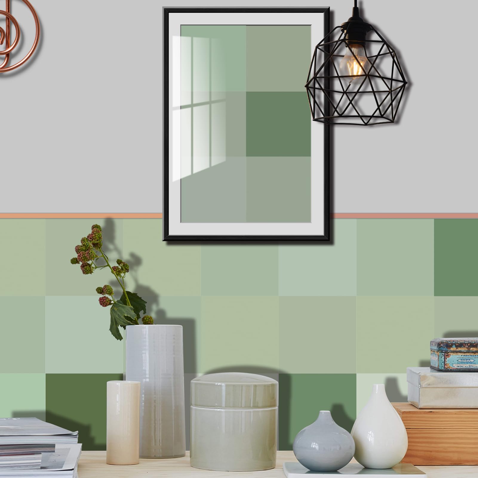 50 pcs Tile Stickers for Kitchen, Stick On Tiles for Bathroom Wall Self Adhesive Waterproof Vinyl Peel and Stick Wall Tiles Covers, Kitchen Splashbacks for Walls, Simple Green Mosaic