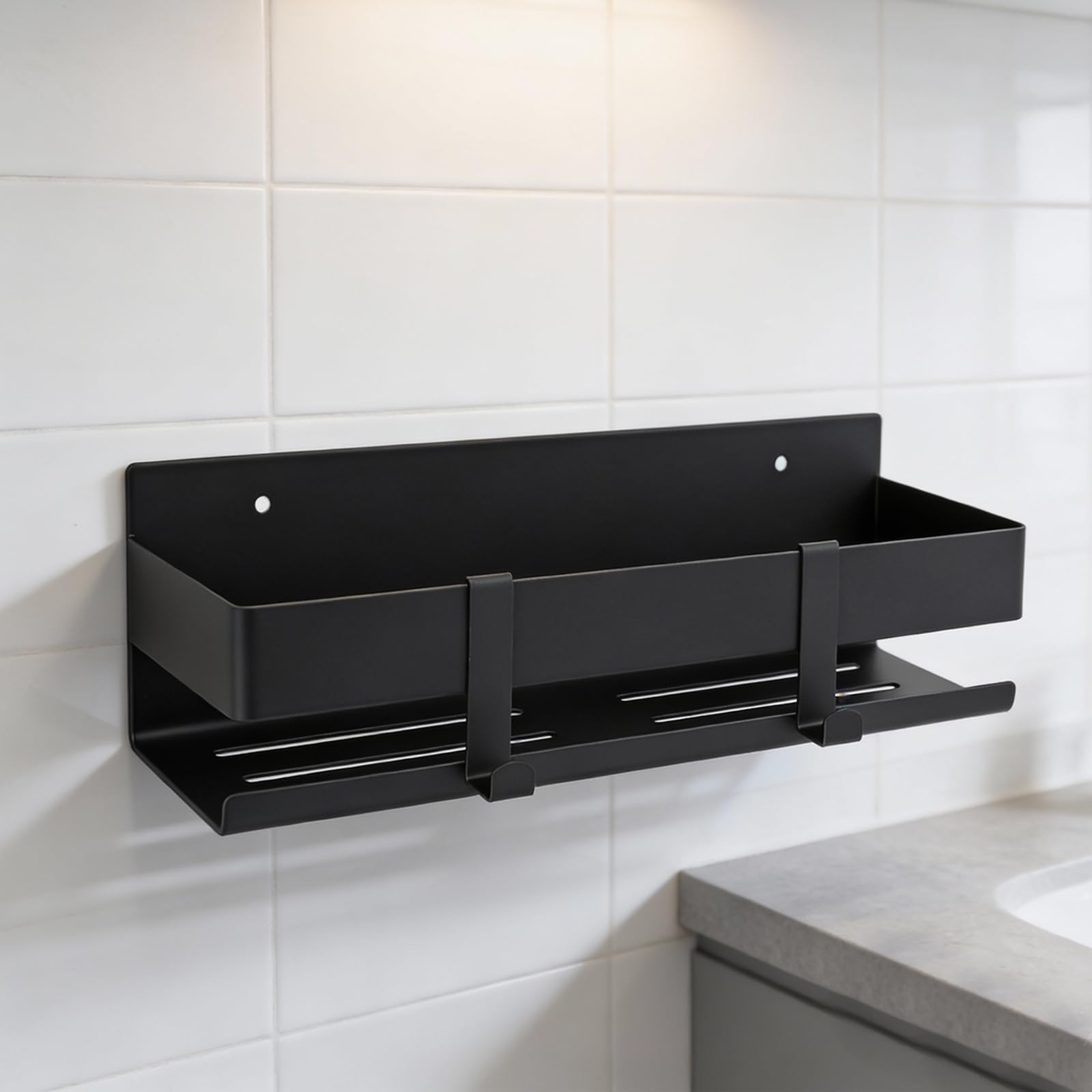 Estanteria Baño Sin Taladro Negro, Estanteria Ducha Sin Taladro Engrosado, 30 cm Estante Ducha de Acero Inoxidable, Organizador Baño De Pared, Almacenaje Baño para Champú y Gel de Ducha