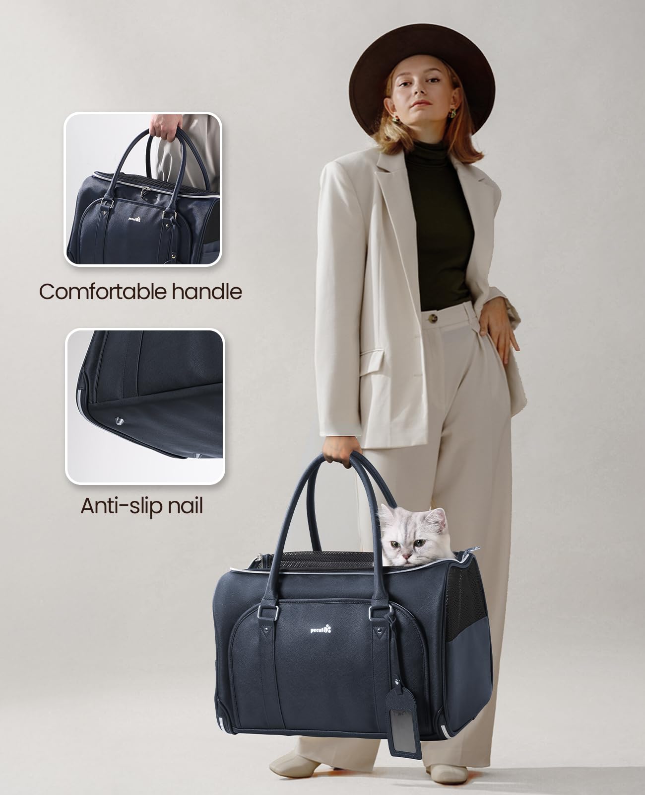 Pecute Transportin Gato de Moda, imitación de Cuero Artificial de Tela transportin Perro, Cremallera de Bloqueo, para Viajar, Utilizar el Transporte público o acudir a Citas médicas, Azul Marino