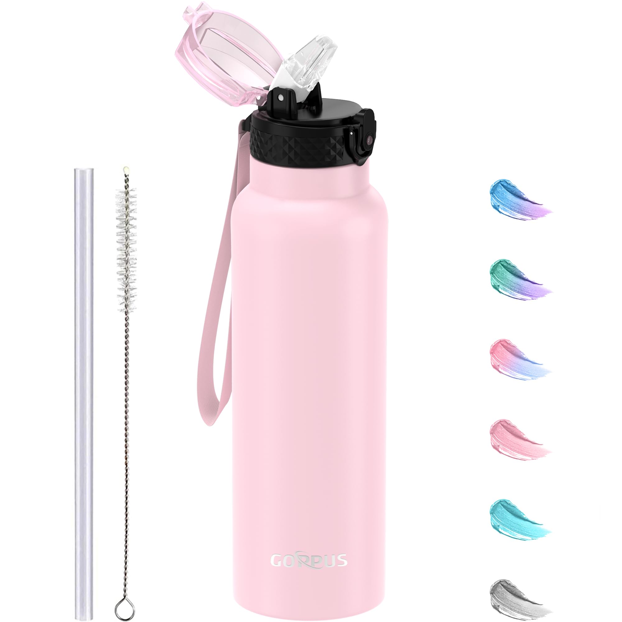 750ml/26oz Stainless Water Bottle with Straw Double Wall Insulated Bottles with Strap Reusable Vacuum Thermal Flask Leakproof Keep Cold Drinks Bottles with Flip Top Lid for Men Women BPA Free