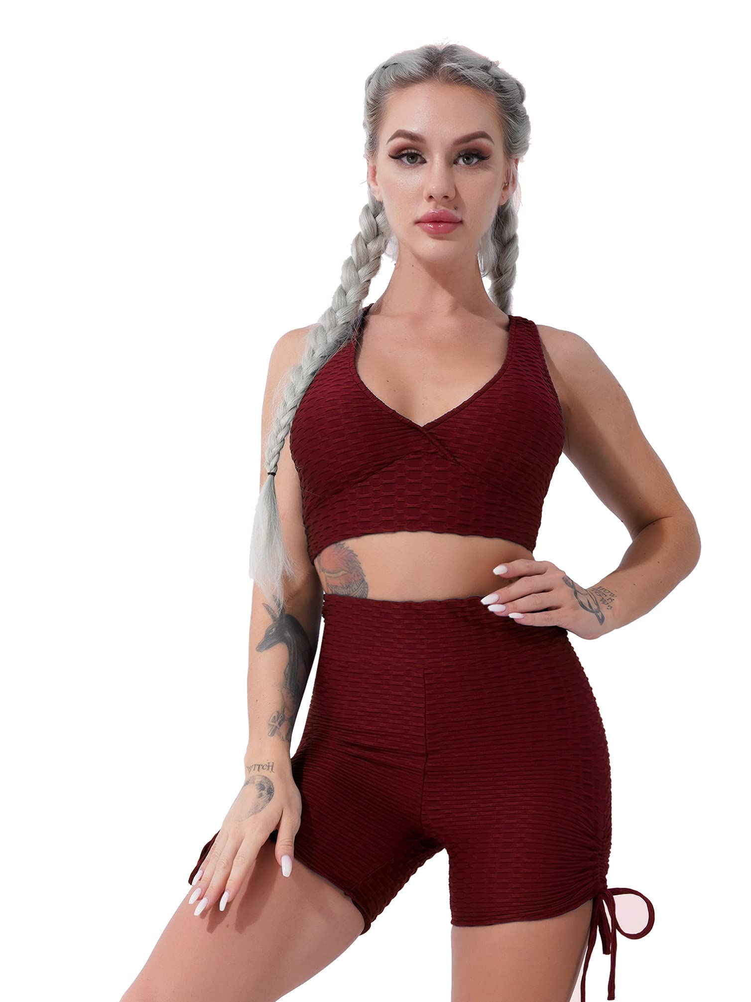 2Pcs Active Sets Womens Sportsuit Racerback Crop Top and Shorts Summer Workout Yoga Clothes