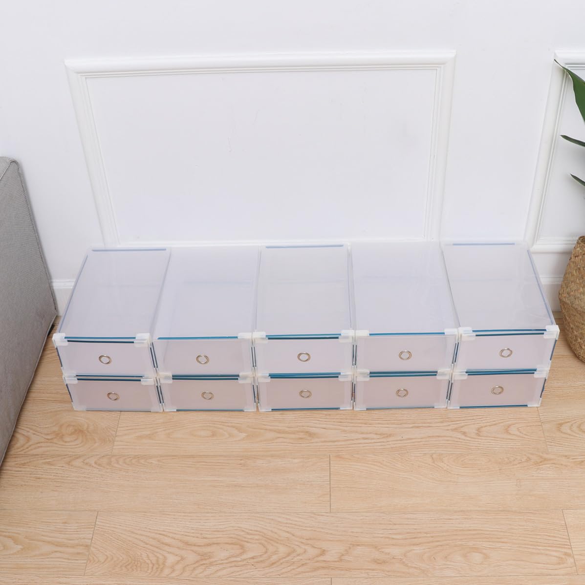 10 Pezzi Scatola Organizer Scarpe in Plastica Bianco Impilabile e Portatile Bordo in Metallo per Armadio, Contenitore Basso per Scarpe da Donna 31x20x12,5 Cm