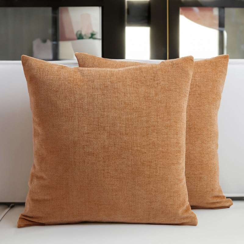 Encasa Homes Chenille Throw Pillow Covers 2 pcs Set - Peach- 18" x 18" / 45x45 cm Textured Solid Colour, Soft & Smooth, Square Accent Decorative Cushion for Couch, Sofa, Chair & Bed