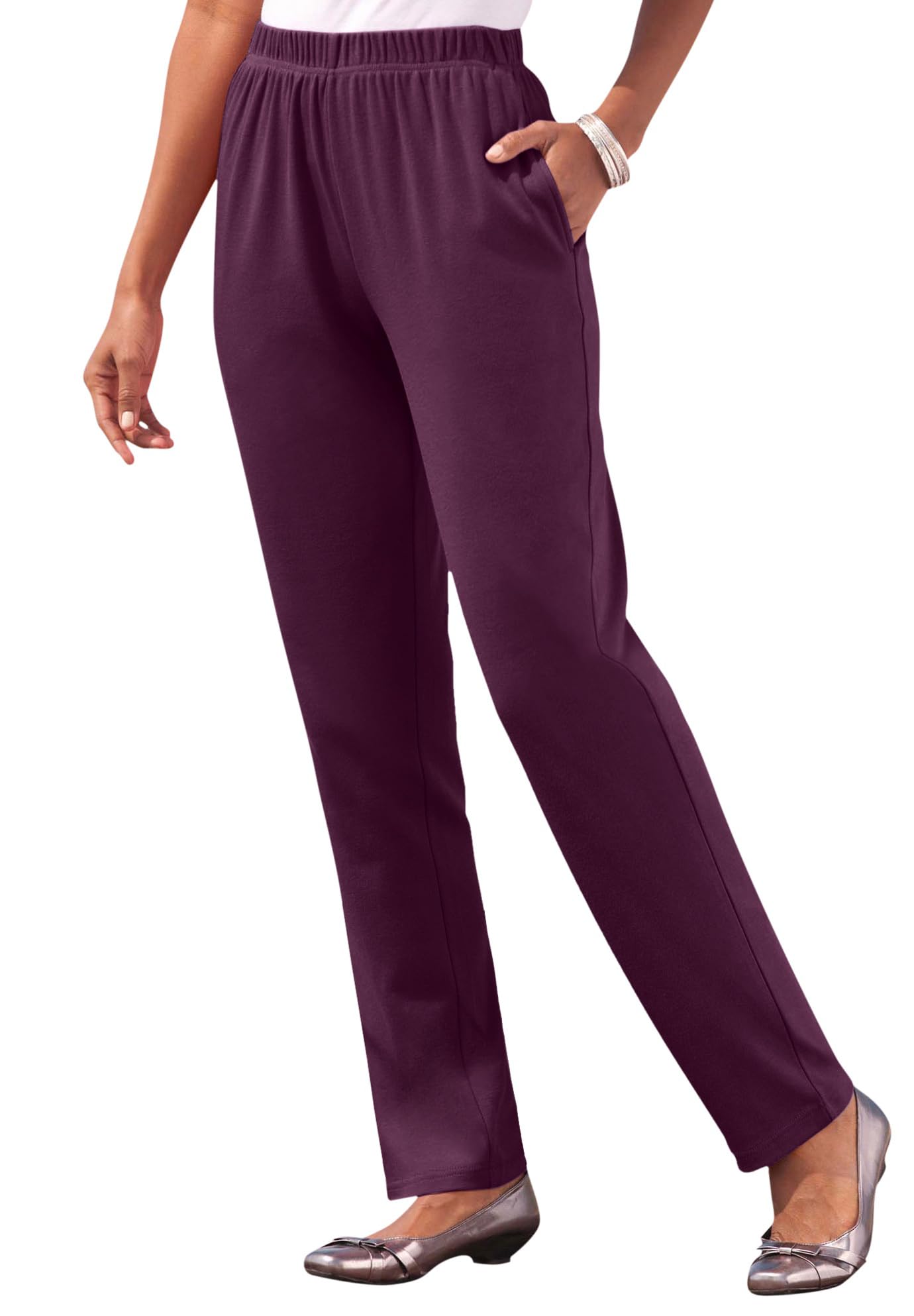 Roamans Womens Plus Size Straight Leg Soft Knit Pull On Pant - 2X Dark Berry