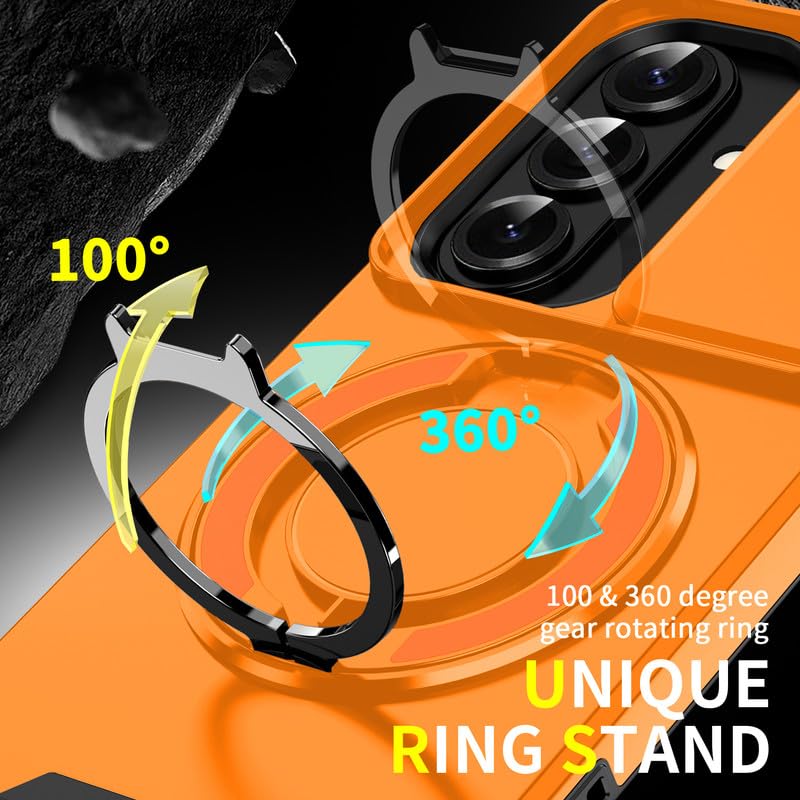 Image of LuxuryKase Shockproof Rugged Case for Samsung Galaxy S26 | Slide Camera Cover | 360 Rotating Ring Kickstand | Military-Grade Protection - Sunset Orange