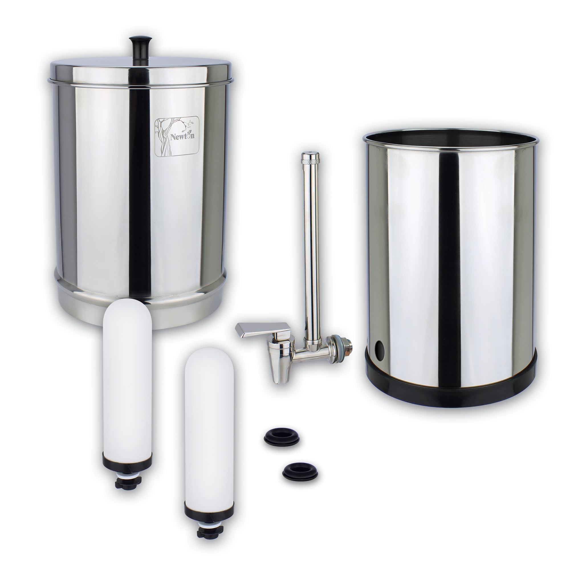 NEWTON Système de filtre à eau à gravité Premium avec retrait du fluor | Capacité 6L | Système complet avec 2 bougies de filtre, support en acier inoxydable et robinet de verre à vue