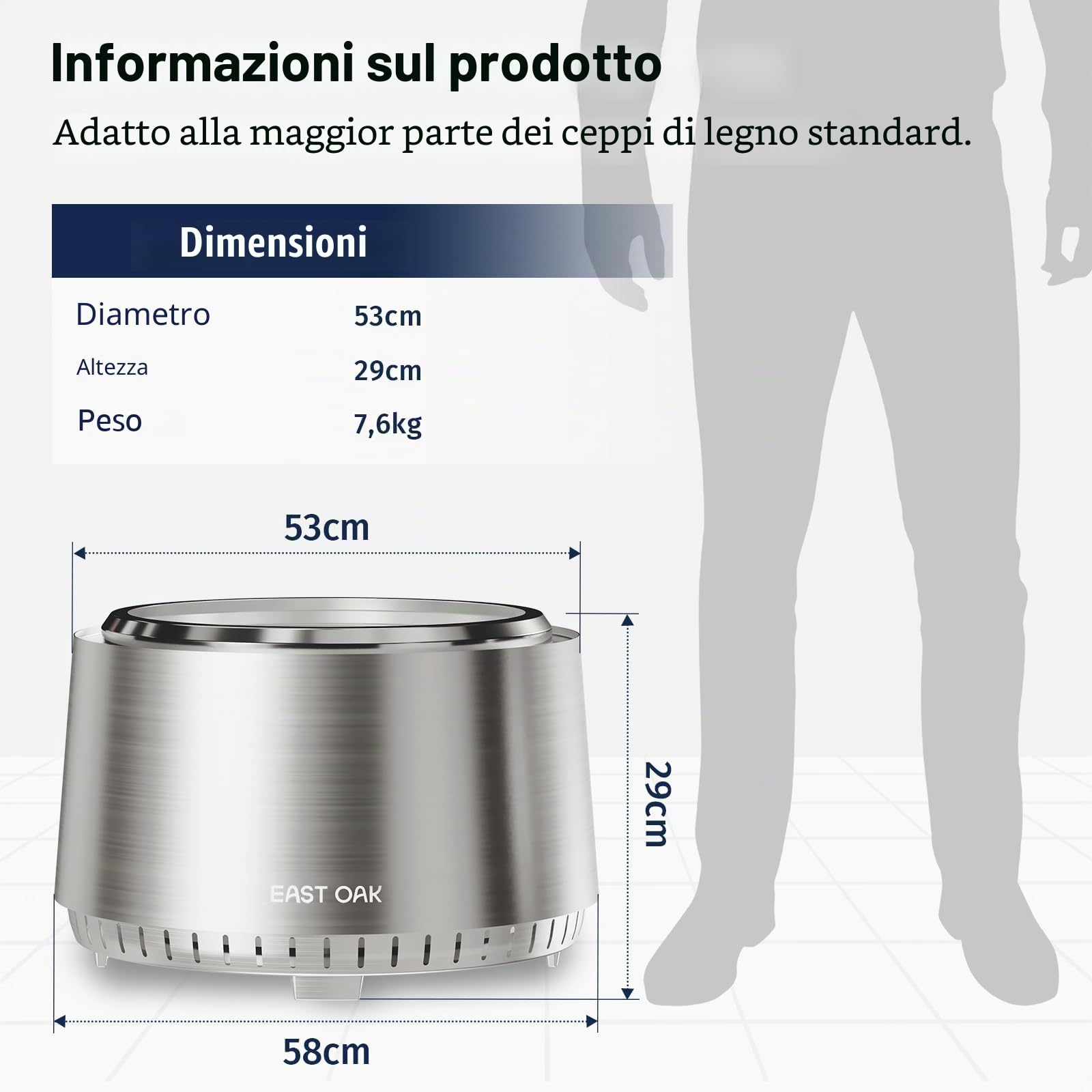 EAST OAK Braciere da Giardino o Esterno 53cm Senza Fumo, Braciere da Esterni a Acciaio Inox 304, Bracere Portatile da Campeggio, Stufa a Legna & Pellet, Posacenere Rimovibile, con Borsa di Trasporto