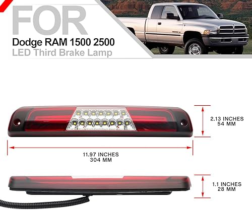 Miniatura 5 de LED Third 3rd Brake Light Rear Cargo Lamp High Mount Stop Light for 1994-2001 Dodge RAM 1500 2500 3500 Red Lens LED Center Mount Brake Stop Tail
