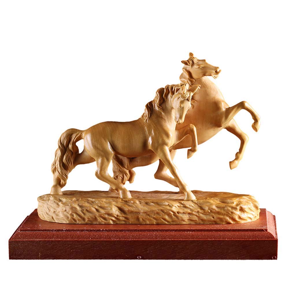 YNIYUJKL Feng Shui Ornaments Boxwood Zodiac Double Horse Statue,Wood Chinese Decor Figurine,Home And Office Sculpture