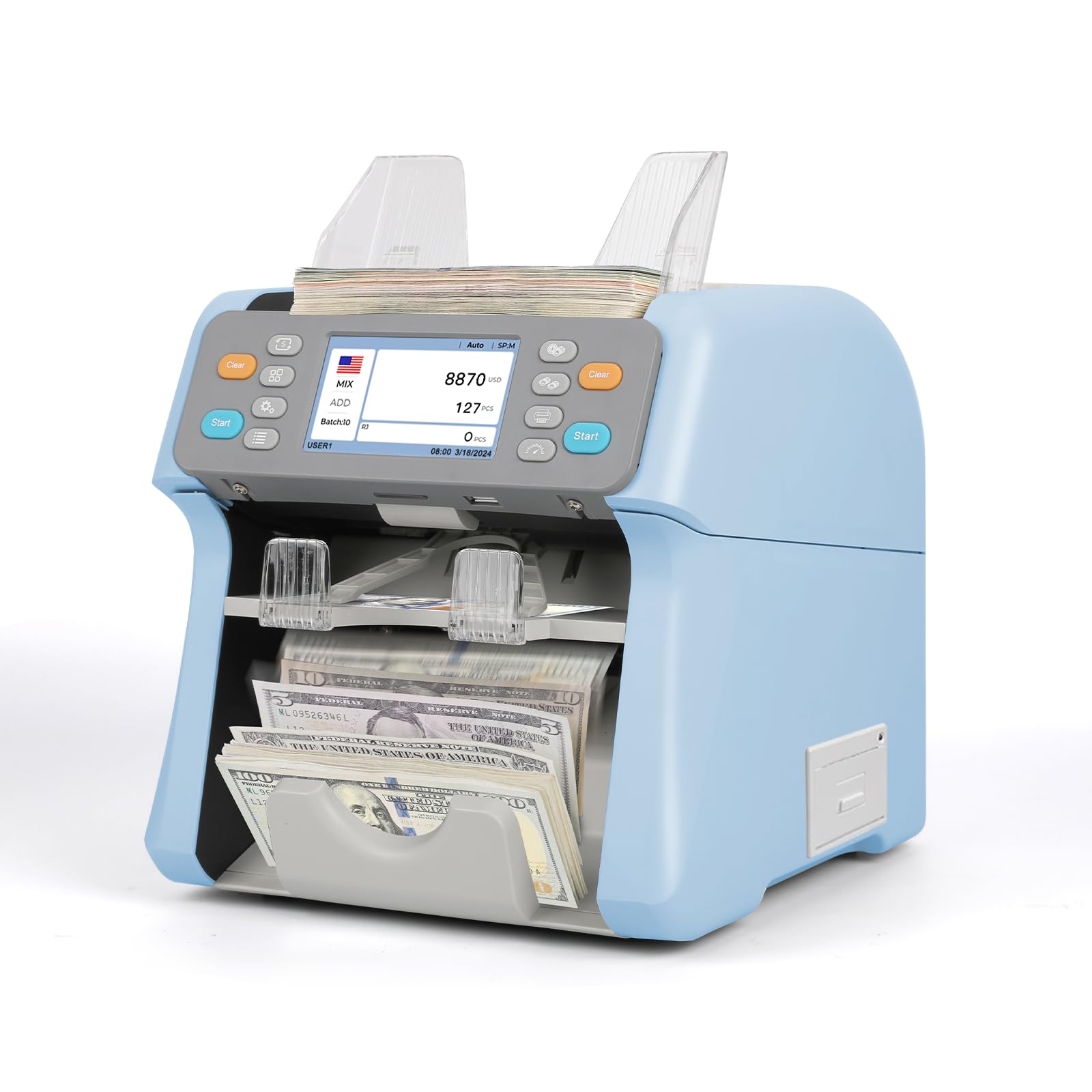 RIBAO MC-165 Two-Pocket Bank Grade Mixed Denomination Money Counter Machine Blue Print Built-in, 2 CIS/UV/MG/IR Counterfeit Detection for Bank