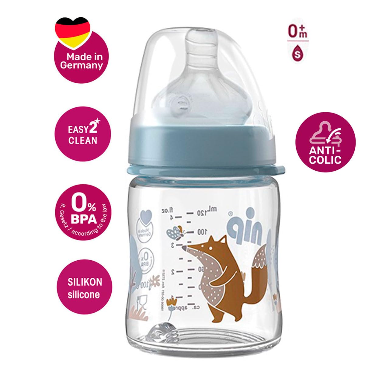 NIP Biberon in vetro set da 2 biberon in silicone con valvola anticolica, piastrine in vetro extra resistente al calore, liscio, senza pori, made in Germany, 0% BPA