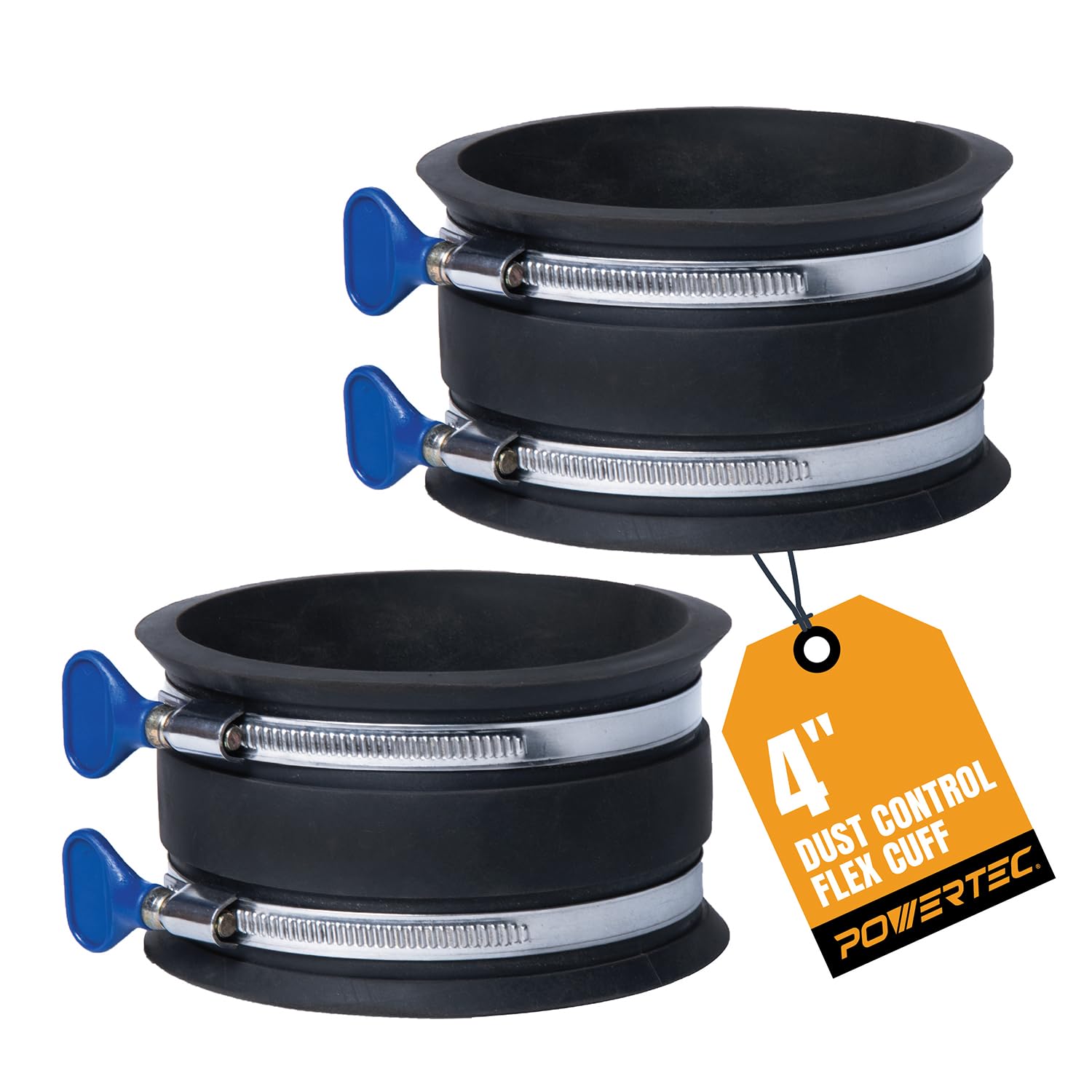 POWERTEC 70369-P2 - Manguito flexible de control de polvo de 4 pulgadas con abrazaderas de manguera ajustables, conector de manguito de goma para carpintería, accesorios de recogida de polvo y