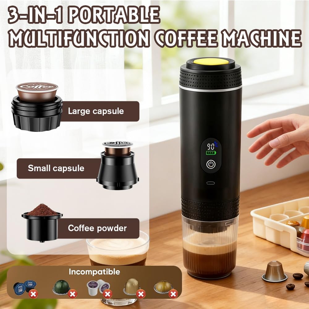 Macchina Caffe Portatile, 3 In 1 Macchina da Caffè Espresso Elettrica Portatile, 5 Minuti Auto-Riscaldamento, con USB-C, Compatibile con Caffè Macinato e Capsule, per Campeggio, Ufficio, Auto