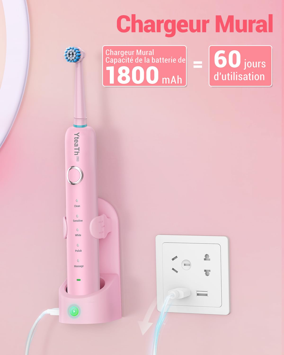 Brosse À Dent Électrique Rotatives pour Adultes - Brosses À Dents Rotatives avec 8 Têtes de Brosse et Étui de Voyage, 5 Modes, Étanche IPX7, Brosse A Dent Electrique de Voyage, Rose