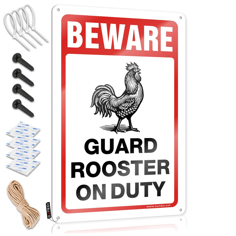 IBWNBBUSN Warning Tin Sign Beware! Guard Rooster On Duty Sign Beer Decor Tin Signs Camping Rules(20X30CM)