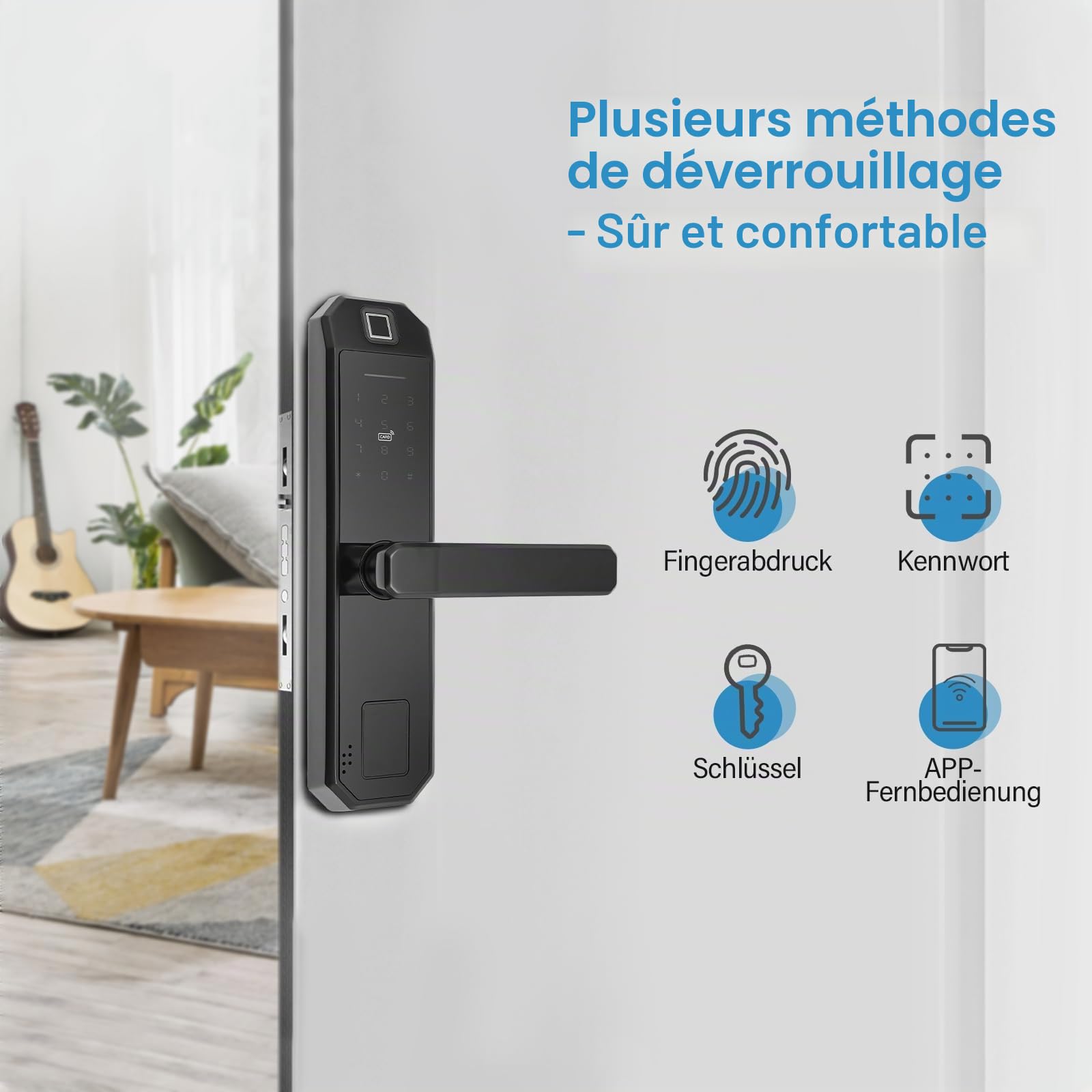 Verrou de Porte à Empreinte Digitale – Serrure Intelligente Électronique avec Clé Biométrique et Clavier Numérique à Code, 4 piles AAA sèches (autonomie de 15 mois)