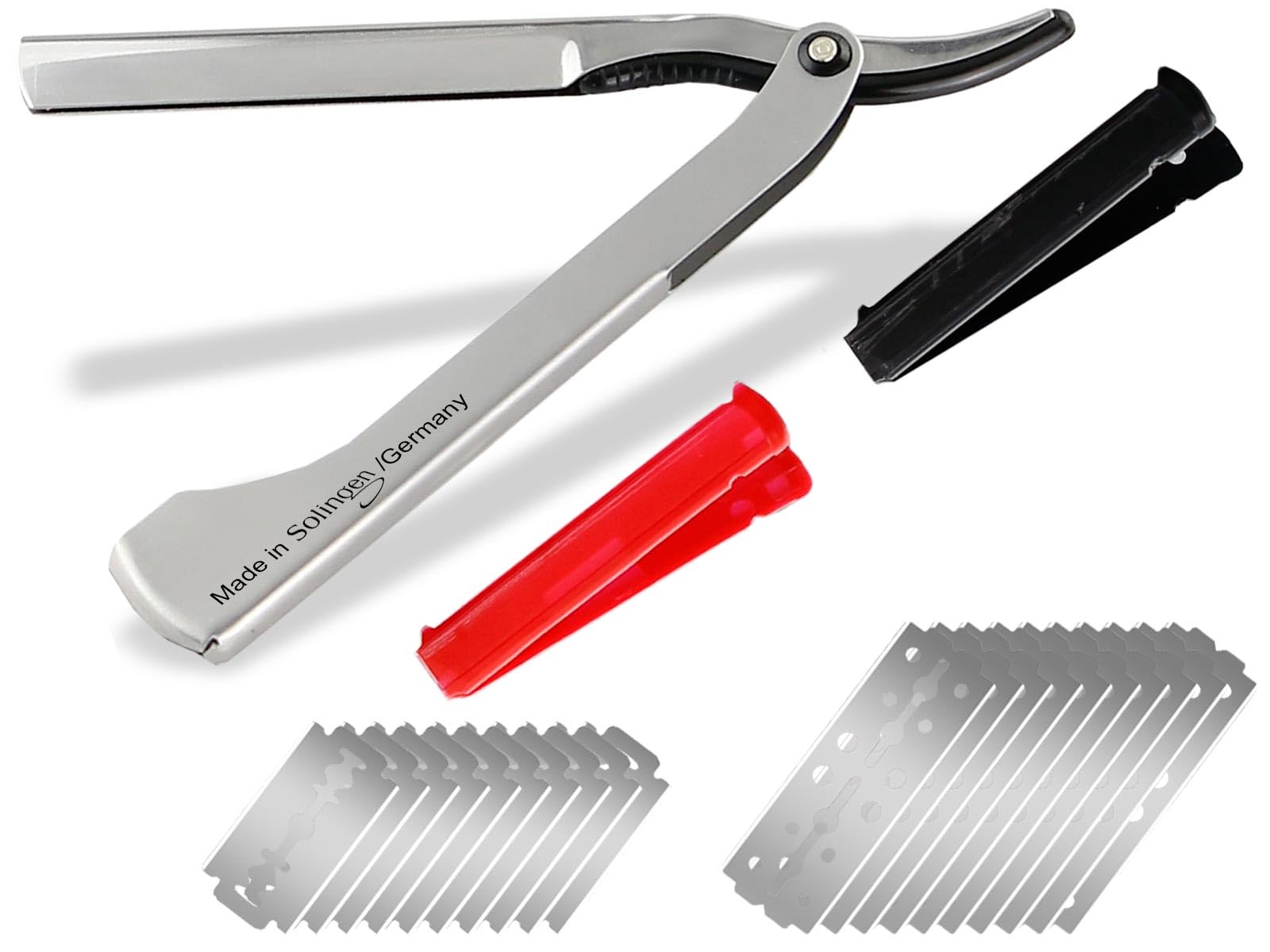 Solinger Rasiermesser Rasier-Set für Männer mit Wechselklingen Made in Germany Bartpflege Messer mit Kleiner/Großer Rasierklinge Bartmesser Barbier Nassrasierer für die perfekte Nassrasur (Silber)