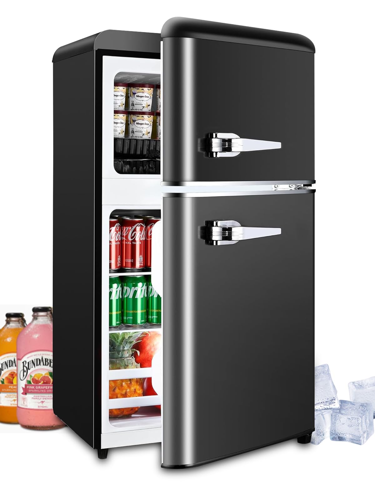 KRIB BLING 3.5 Cu.Ft Refrigerator 2 Door 7 Level Adjustable Thermostat Control Top-Freezer Refrigerator Lock Fresh Energy Saving Black (KB03-FLS-80-BLACK)