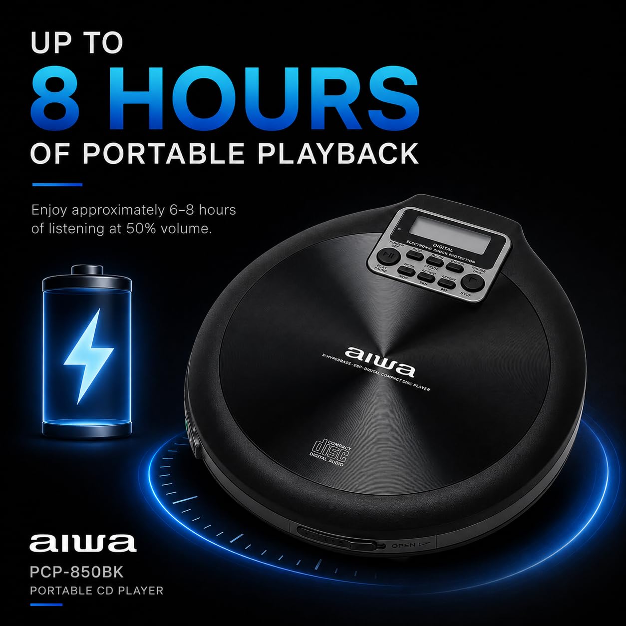 Aiwa Lettore CD Portatile PCP-850 (Nero) MP3 Ricaricabile Hyper Bass | Compatibile con CD, CD-R, CD-RW e file MP3. Batteria ricaricabile con autonomia fino a 8 ore.