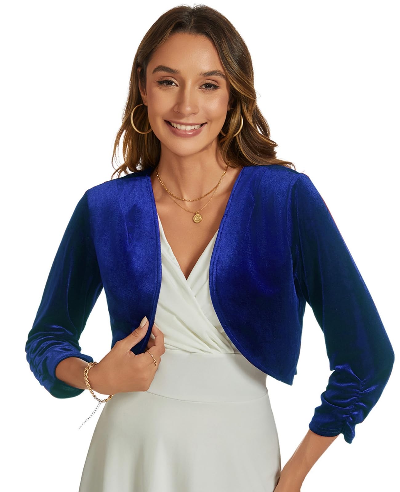 Womens Velvet Bolero Shrug Elegant Open Front Ruched 3 4 Sleeve Cocktail Party Cropped Cardigan