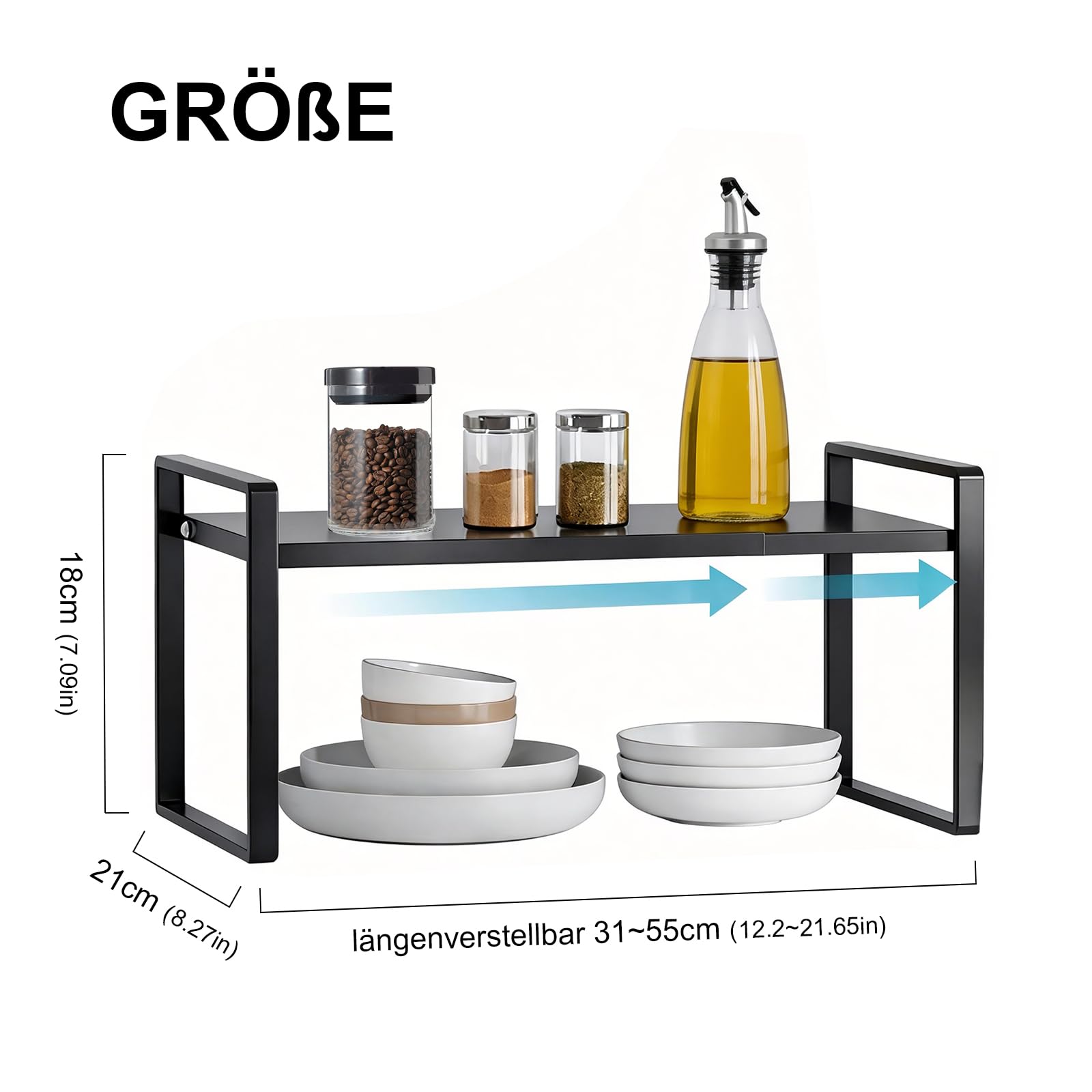 Küchenregal Arbeitsplatte Organizer,Schrankregal Ausziehbares 32-53cm, Organizer für die Arbeitsplatte，Regaleinsatz für Küchenschrank mit 3 Höhen,Schwarz