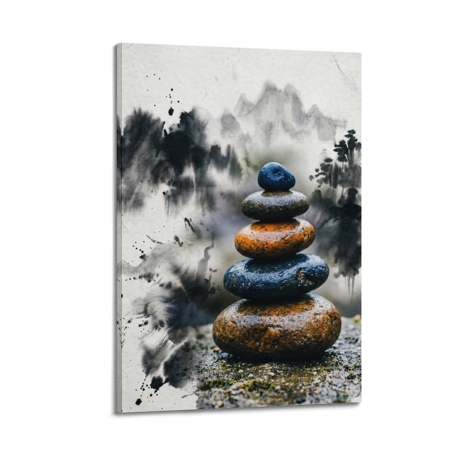 XKUGA Zen Meditation Poster Ink Wash Stone Cairn Mountain Serenity Modern Decorative Canvas Prints - Ideal Wall Art for Family, Man Cave, Game Room, Boys & Girls Bedroom 20x30inch(50x75cm)