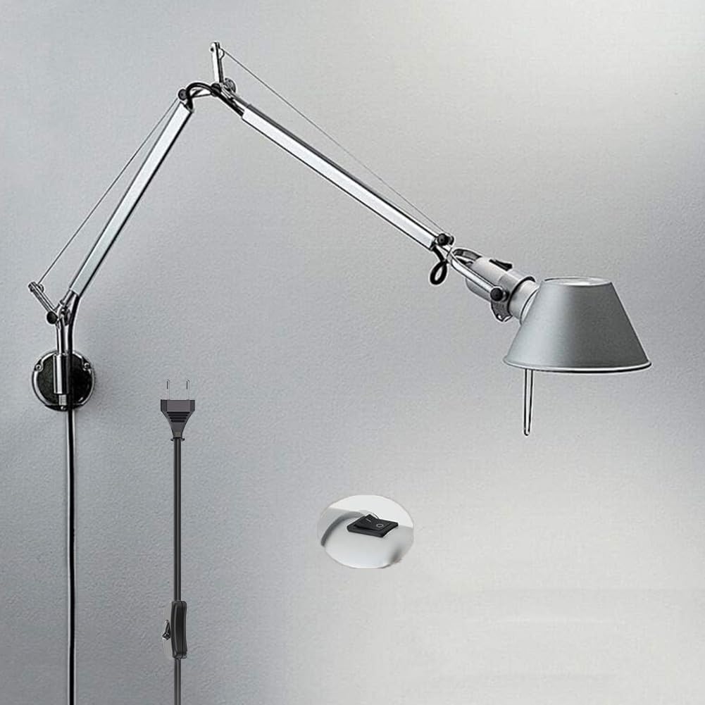 Verstellbar Wandleuchte Schwenkarm Vintage Wandlampe Lange Arm Nachttischlampe mit Schalter und Stecker Wand Leselampe mit Kabel 360° Drehbare Wandspot mit Gelenkarm Wandbeleuchtung Innen Vintage